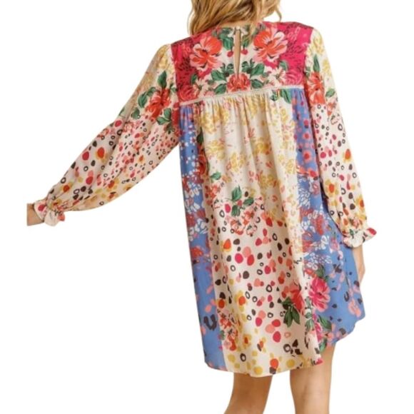 Umgee Mixed Print Crochet Ruffle Long Sleeve Dress Size Small - Picture 4 of 12